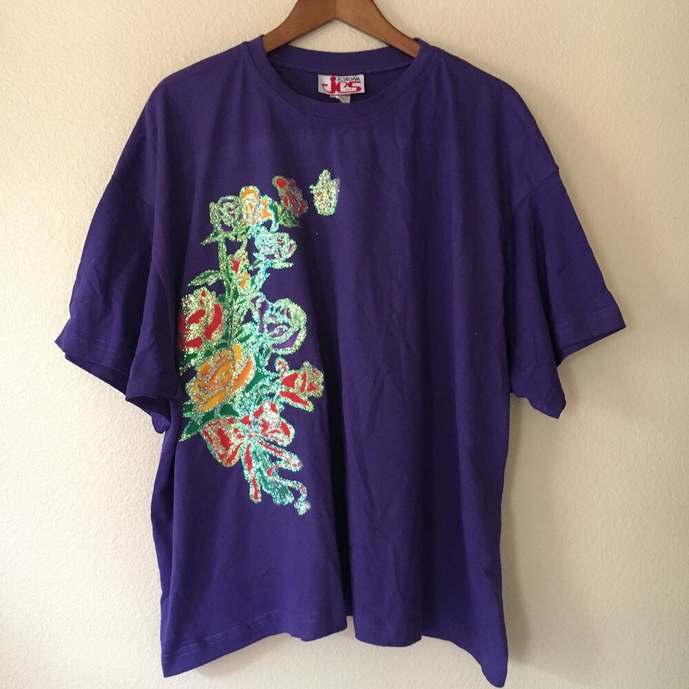 Vintage Purple Glitter Shirt XXL Grannycore Rose Bouquet USA JCS Floral 90's